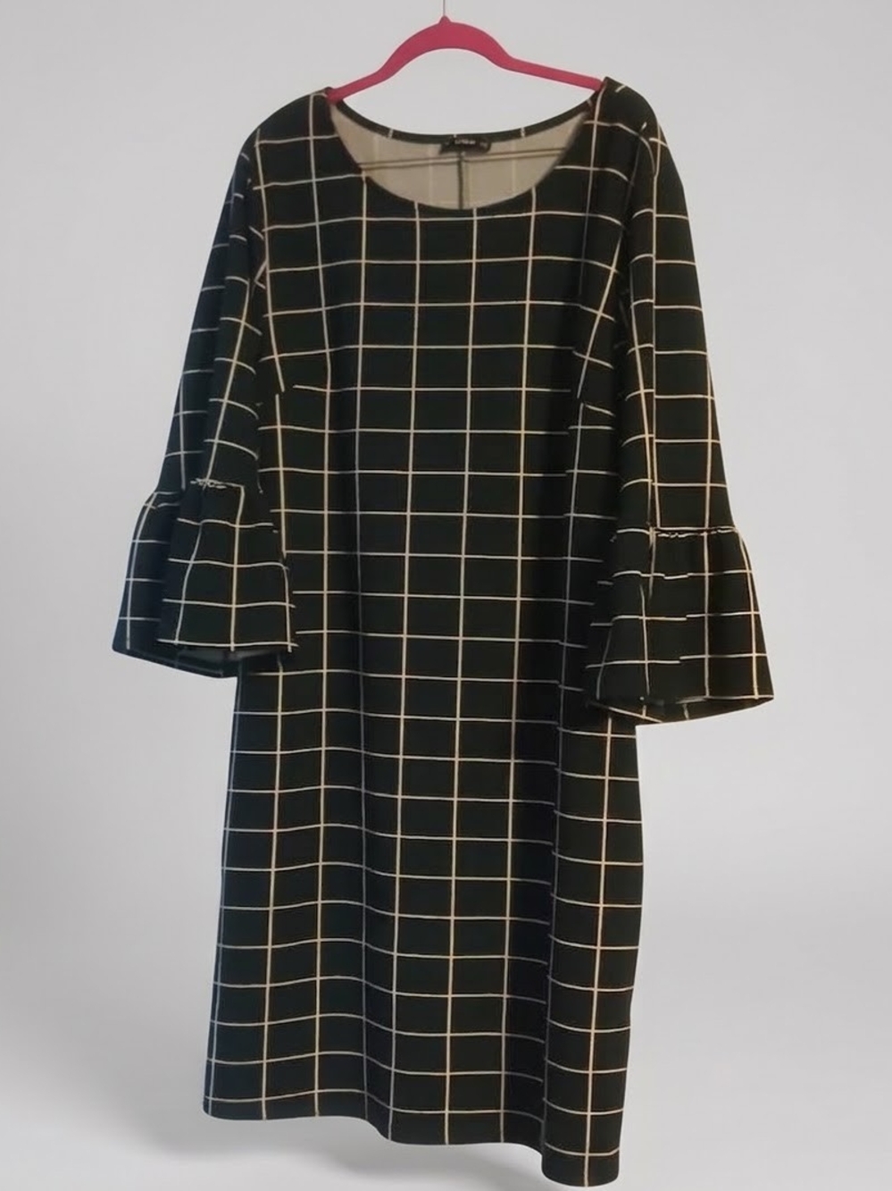 Green Windowpane Bell-Sleeve Dress